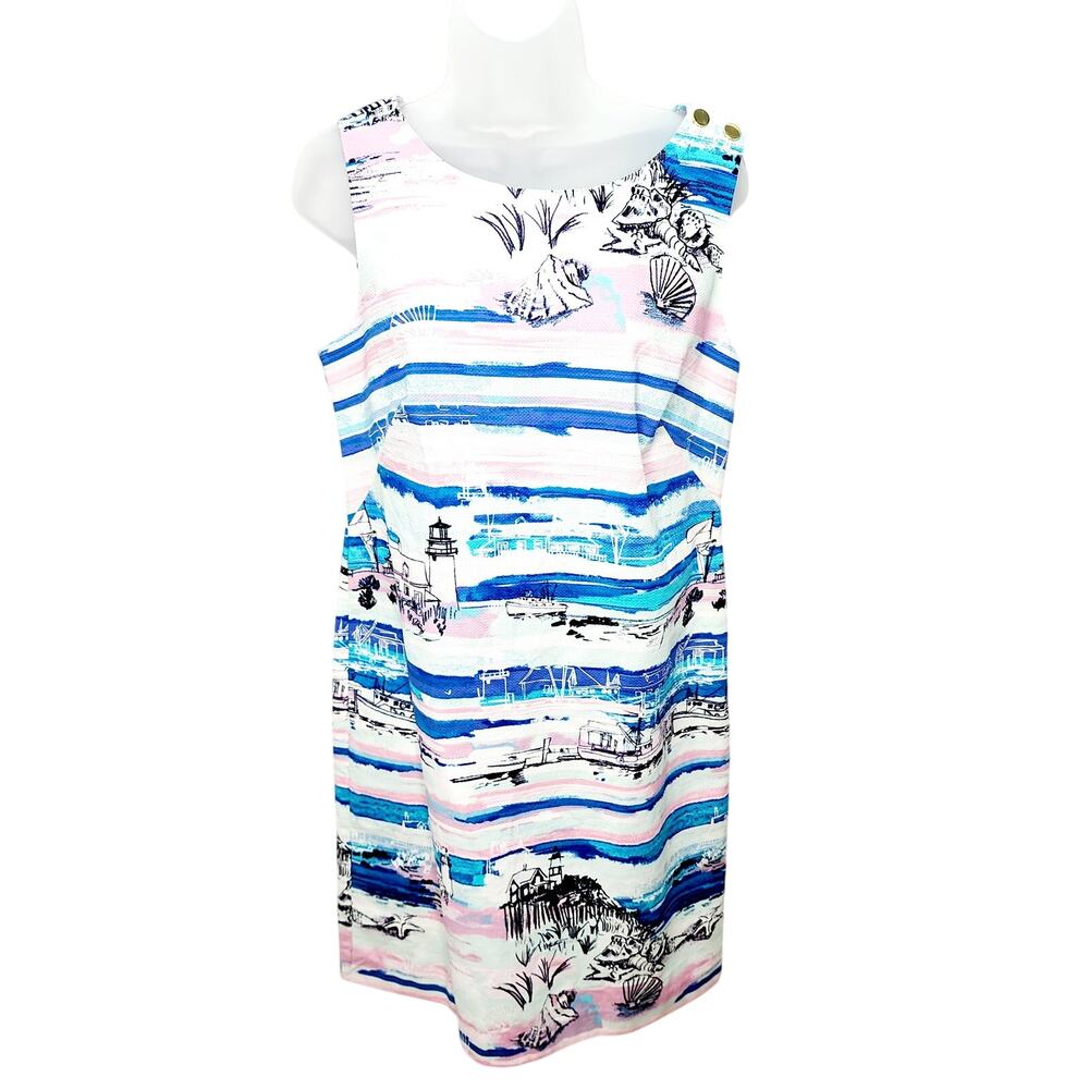 Talbots Scenic Beach Print Shift Dress Size 6 Coastal Nautical Summer Cotton
